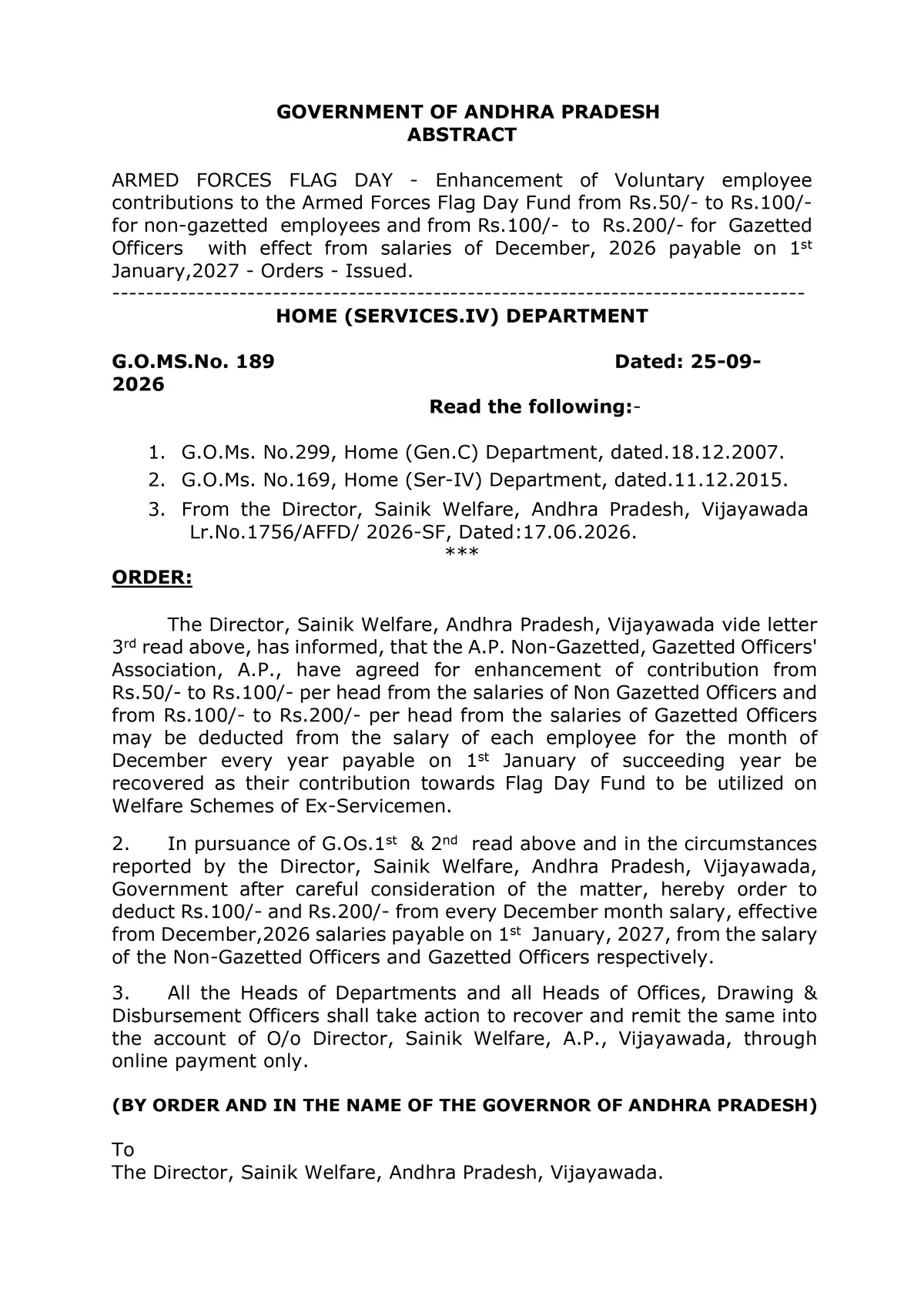 AP Employees Armed Forces Flag Day Contribution Revised Slabs GO Ms No 189