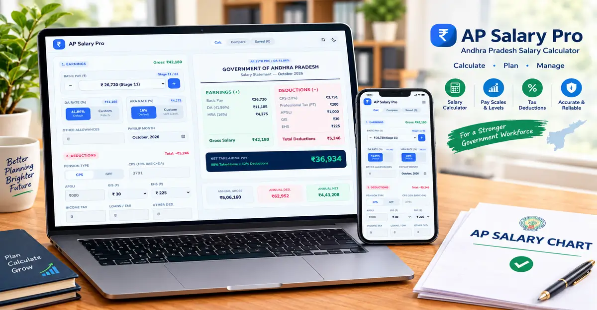 AP Salary Calculator with New DA showing gross pay breakdown and downloadable PDF chart for state government employees.
